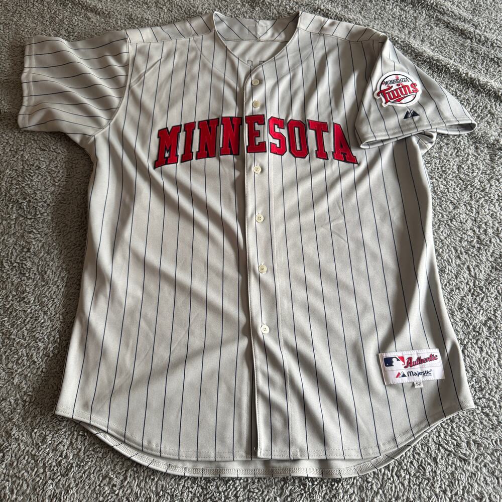 100% Authentic Majestic Joe Mauer MLB Minnesota Twins Gray Pinstripe Jersey 52
